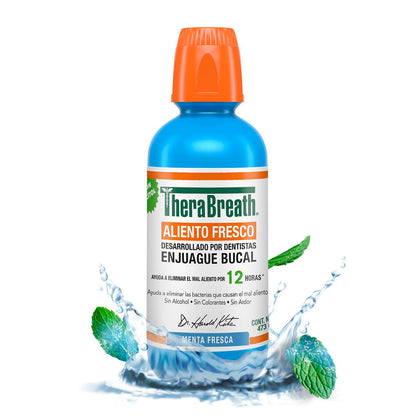 TheraBreath Enjuague Bucal - Sabor Menta Fresca, 473 ml, Combate El Mal Aliento Hasta Por 12 Horas, Sin Alcohol, Sin Ardor y Sin Colorantes Artificiales, Creado Por Dentistas.