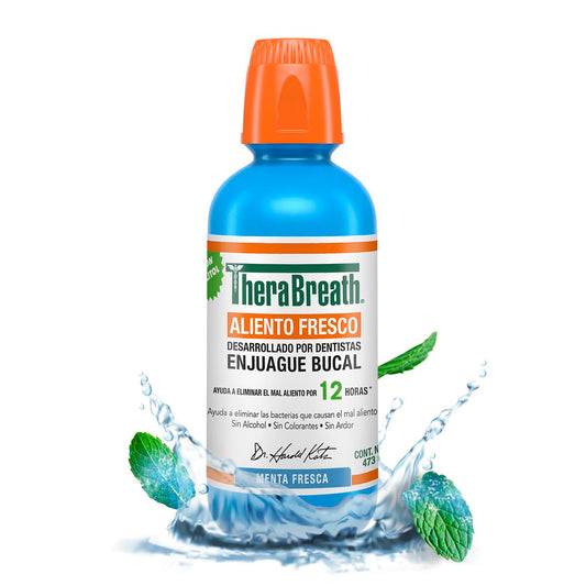 TheraBreath Enjuague Bucal - Sabor Menta Fresca, 473 ml, Combate El Mal Aliento Hasta Por 12 Horas, Sin Alcohol, Sin Ardor y Sin Colorantes Artificiales, Creado Por Dentistas.