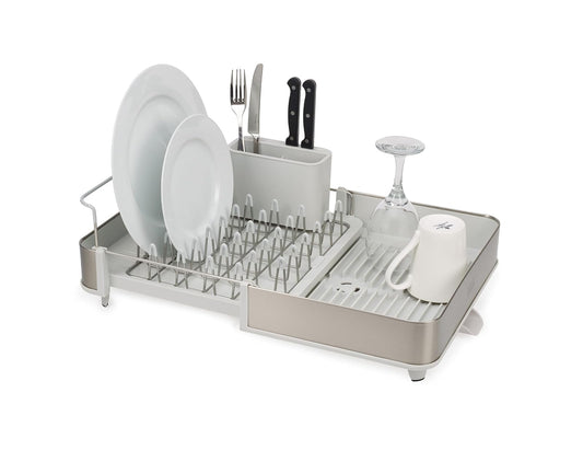 Joseph Joseph - Escurridor de Platos Extensible de Acero con Soporte extraíble para Cubiertos Giratorio, Boquilla de Drenaje giratoria, Acero Inoxidable