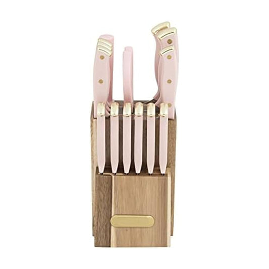 Farberware Juego de 15 cuchillos de acacia triple remachado, cuchillos de cocina de acero inoxidable de alto carbono con asas ergonómicas, juego de cuchillos afilados, rosa y dorado