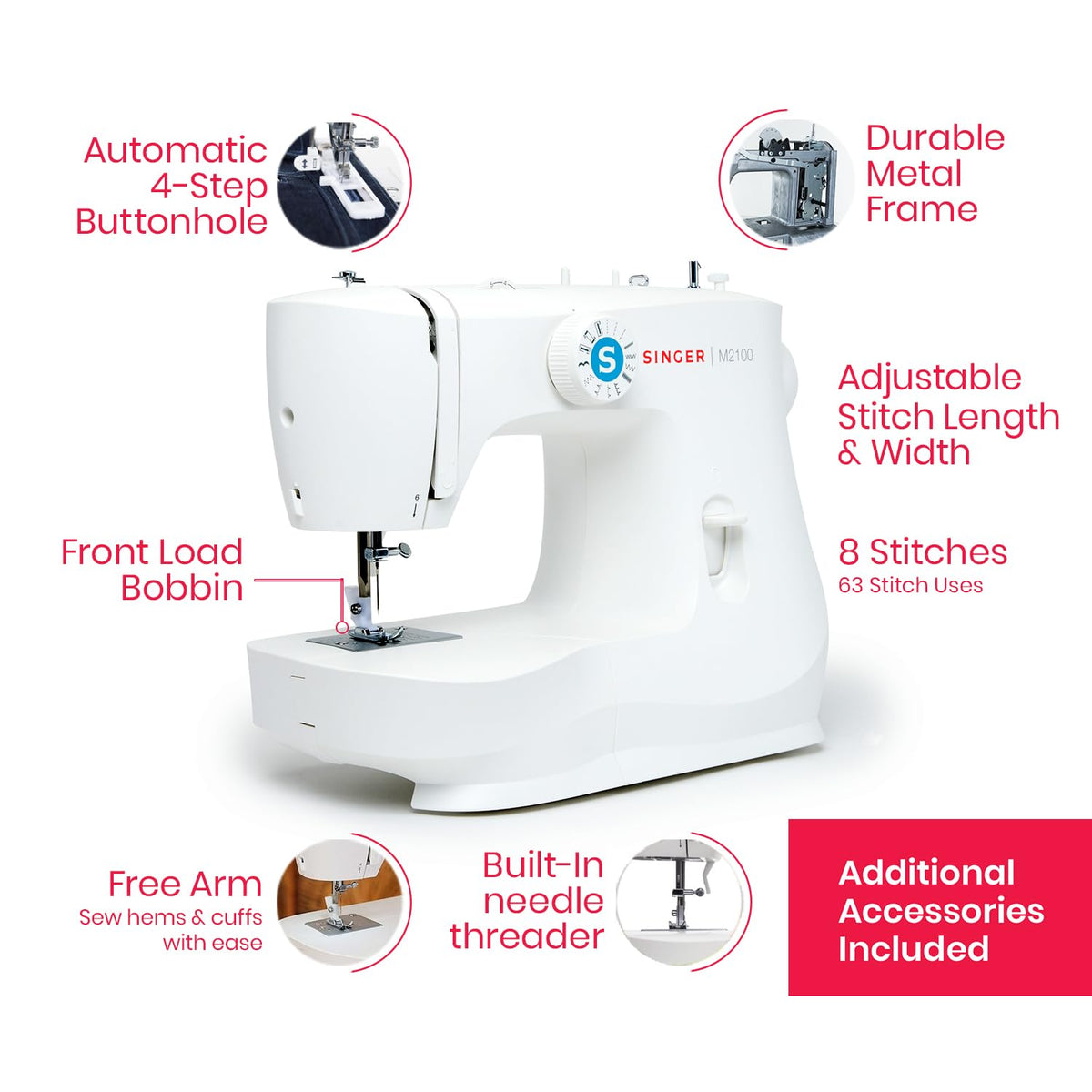 SINGER M2100 - Máquina de coser ligera y compacta con 63 aplicaciones de puntadas, luz LED y ojal fácil de 4 pasos, ideal para reparar y coser