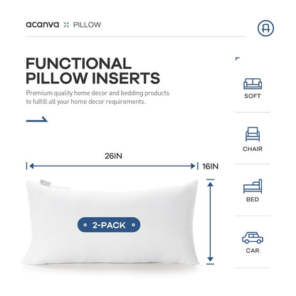 Acanva Hypoallergenic Pillow Insert Form Cushion Sham, Oblong Rectangle, 16" L x 26" W, Set of 2