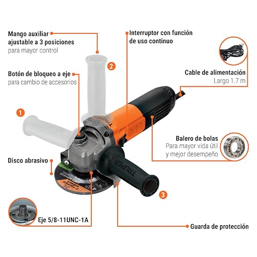 Truper COMBOE-4-1/2A12, Esmeriladora 4-1/2" 750 W, 10 discos y flexómetro