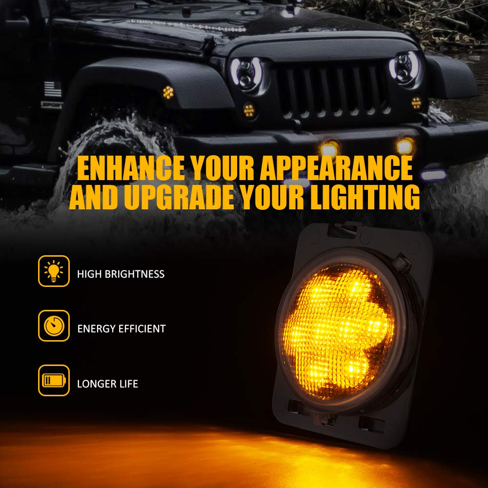 Xprite Luces para Loderas Cuartos Laterales LED Ambar Amarillo con lente Ahumado para 2007-2017 Jeep Wrangler