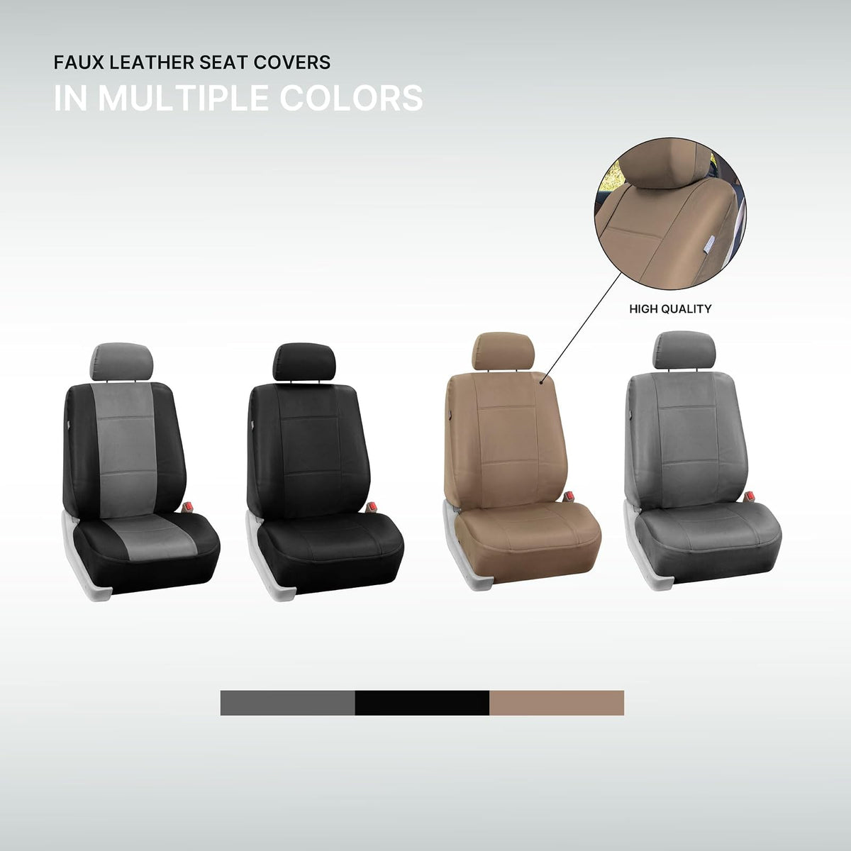 FH GROUP FH-PU002102 Pair Set PU Leather Bucket Seat Covers, Airbag Compatible, Solid Gray Color- Fit Most Car, Truck, SUV, or Van