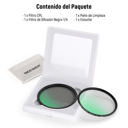 NEEWER 82 mm CPL + Filtro Difusor Negro 1/4 para Filtro de Efecto Cinematográfico de Niebla (Paquete de 2), Filtro Polarizador Circular de Cristal Óptico Multicapa con Efecto Cinematográfico Suave