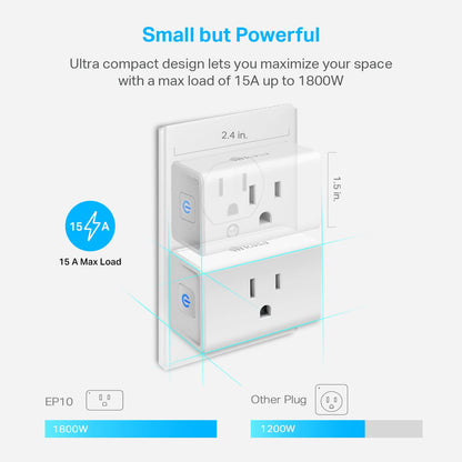 Kasa Smart Plug Mini 15A, toma Wi-Fi para el hogar inteligente funciona con Alexa, Google Home e IFTTT, no requiere concentrador, certificado UL, WiFi 2.4G solamente, paquete de 4 (EP10P4), blanco