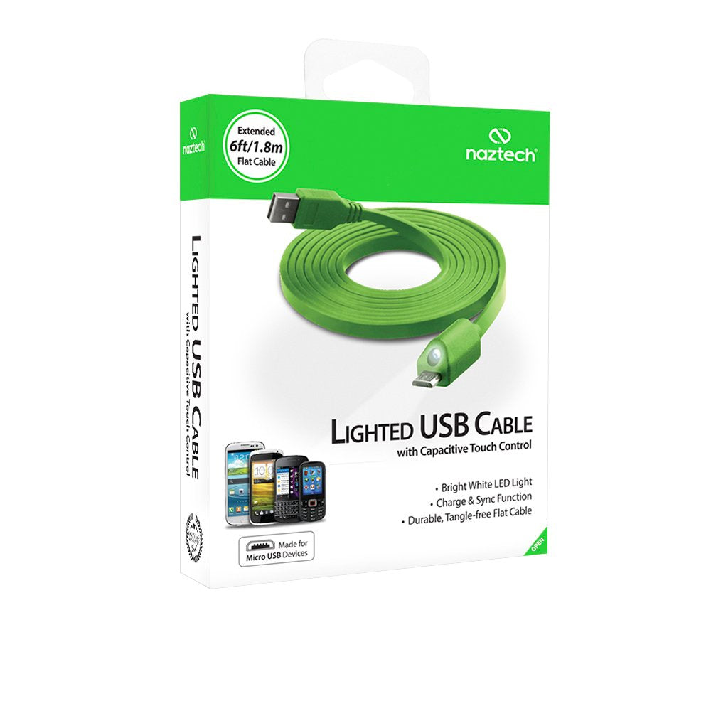 Naztech Cable de Carga Micro USB LED y sincronización con Control táctil Capacitivo, 1,82m, Verde