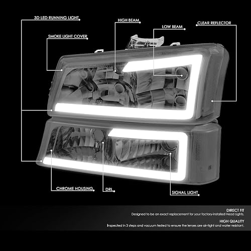 DNA Motoring Juego de Faros Delanteros 3D LED DRL con Lentes Ahumados para Chevrolet Silverado 2003-2007, Ahumado, HL-LB-CSIL03-SM-CL1