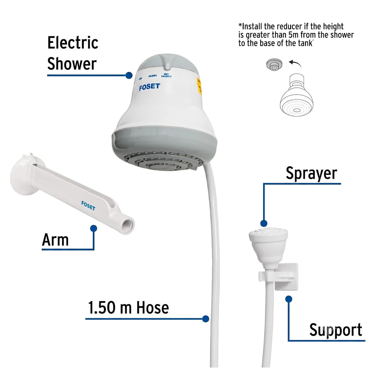 Foset REGEL-4G, Regadera eléctrica de 4 temperaturas 5-3/4" Gris