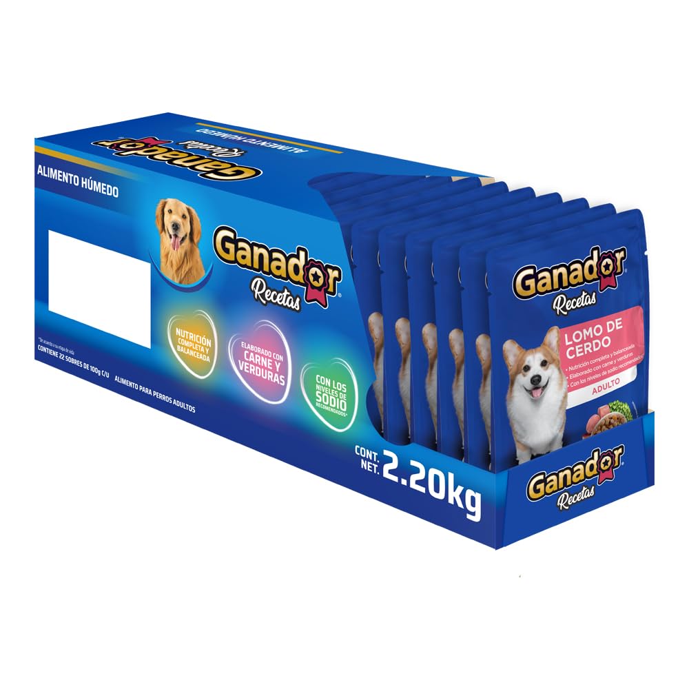 Ganador Recetas Lomo de Cerdo para perros adultos de todas las razas. Paquete con 22 piezas de 100 g c/u.