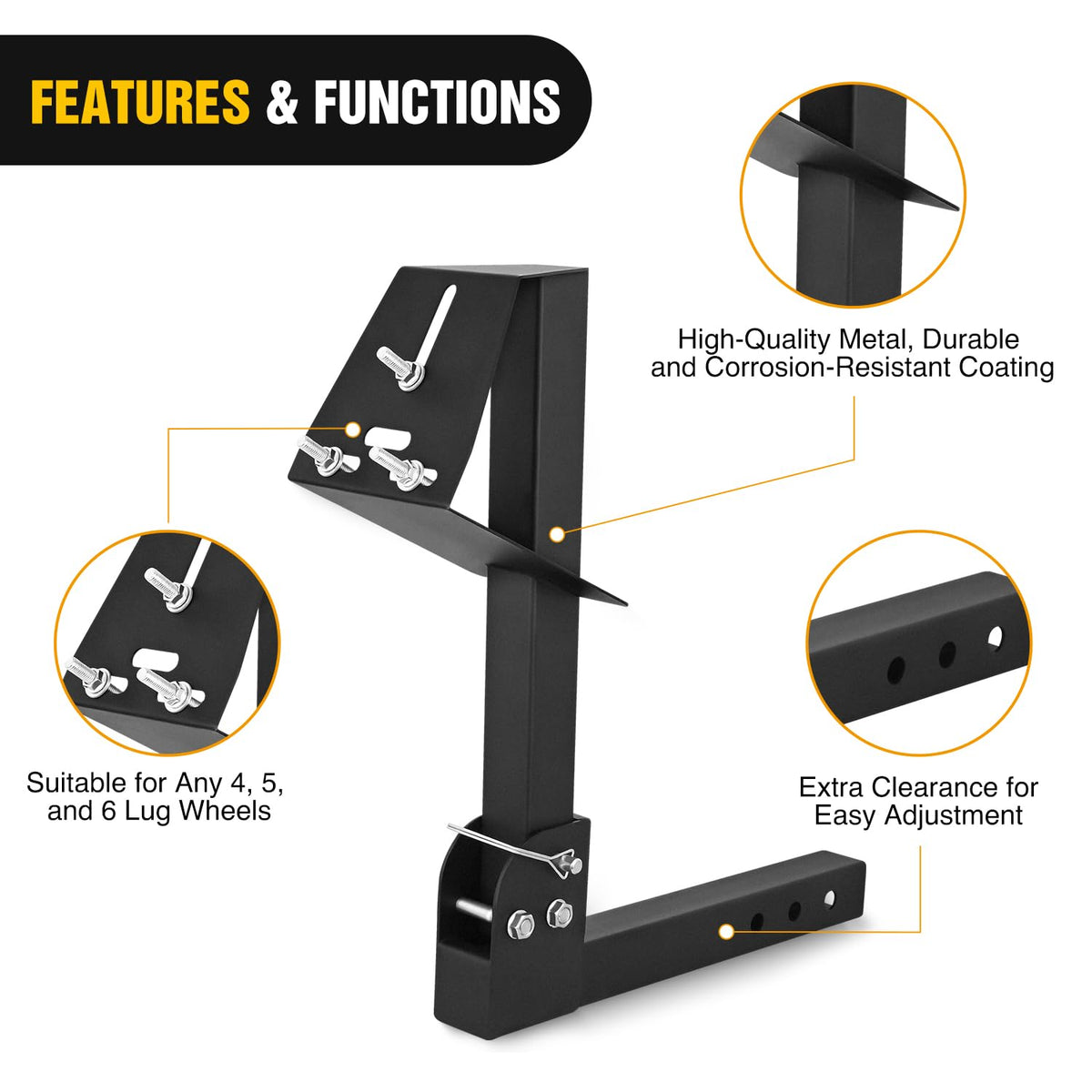 Nilight - Soporte de neumático de repuesto para enganche de remolque ajustable para camión, SUV, ATV, UTV, receptor de 2 pulgadas, se adapta a ruedas de remolque de 4 y 5 y 6 lengüetas
