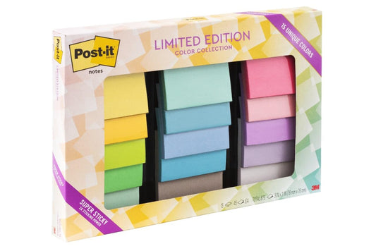 Post-it Super Sticky Notes 3 x 3 in | Colección edición limitada, 15 almohadillas, 45 hojas por bloc, multicolor, poder adhesivo 2x