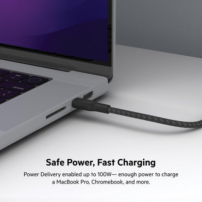 Belkin cable USB tipo C a USB-C, Power Delivery de 100 W, cable USB C con certificación USB-IF 2.0 con exterior de nailon y doble trenzado para iPhone 15, iPad Pro, MacBook, Galaxy y otros, 3 m, negro