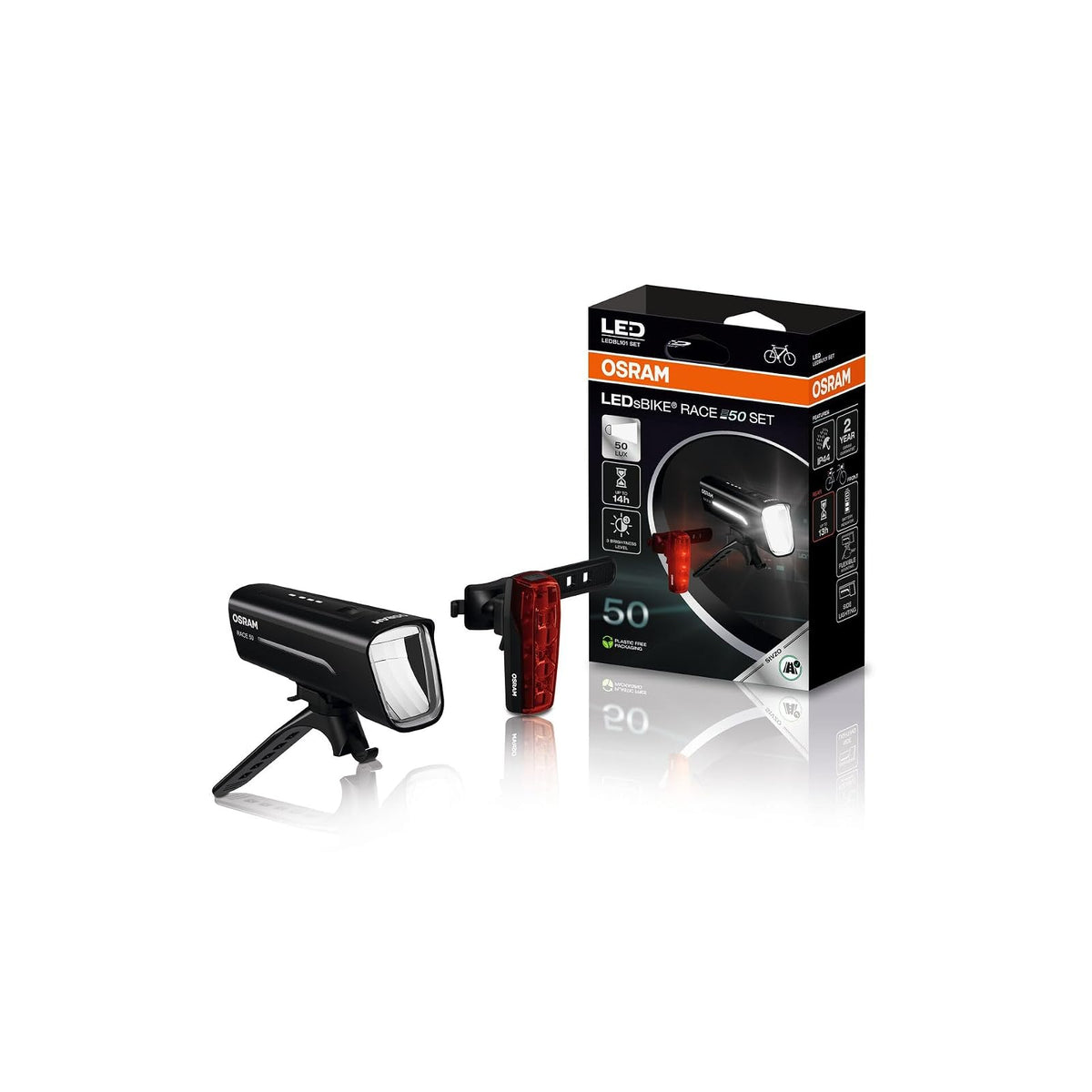OSRAM Juego de Luces LED Recargables para Bicicleta LEDsBIKE Race 50, Delantera y Trasera, 3 Niveles de Luminosidad, 50 Lux, LEDBL101 Set - CH