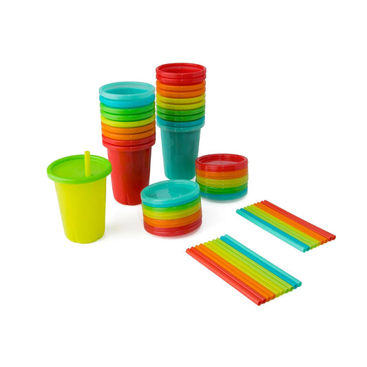 The First Years Take & Toss - Copas de paja para niños pequeños, a prueba de derrames con tapas y popotes a presión, suministros de alimentación para niños pequeños y suministros para fiestas de