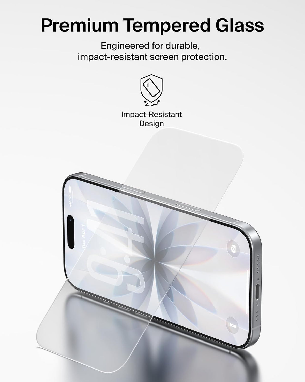 Belkin ScreenForce Protector de visualización de vidrio templado para iPhone 17/16 Pro, protección contra impactos resistente a los arañazos con bandeja de alineación fácil para aplicación sin