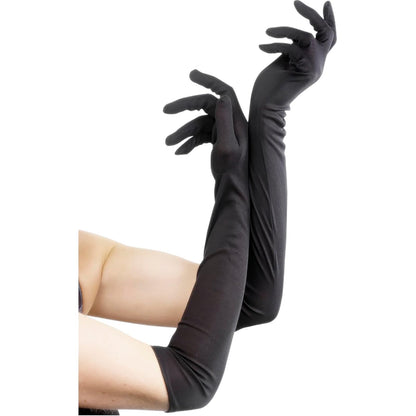 REV Accesorios Guantes Negro Largo, Par Guantes de Gala Ideal para Disfraz Elegante o Fiesta Tematica, Elasticos, Comodos y Ligeros, Acabado Brillante 45cm de Largo Color Negro