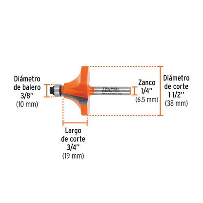 Truper BROU-RM1-1/2X, Broca para router, redondeado con moldura con balero, 1-1/2"