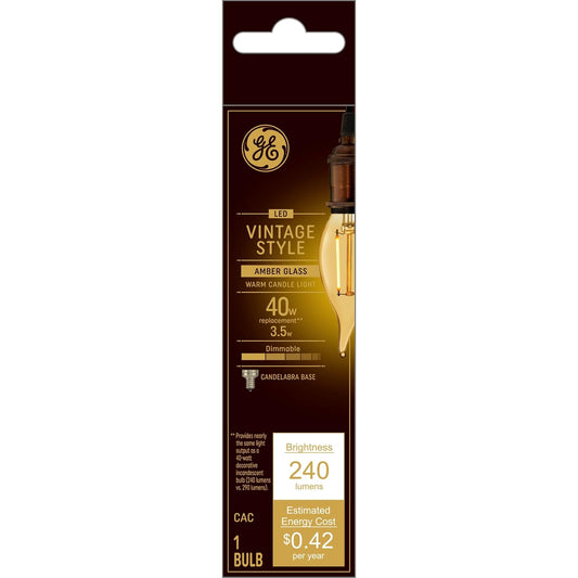 GE - Bombillas LED de estilo clásico, 40 W, acabado ámbar, luz de vela cálida, foco decorativa, base pequeña (1 unidad)