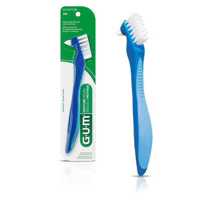 GUM - Cepillo para Prótesis Dentales con Doble Cabezal Con Cerdas Firmes de Nylon y Mango Ergonómico Antideslizante