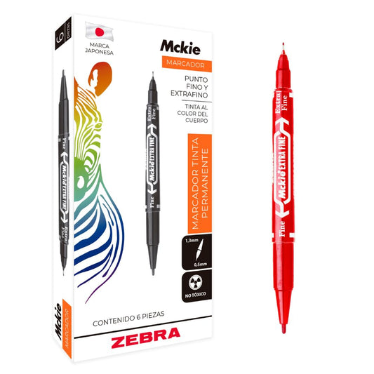 Zebra Marcador Permanente Mckie Doble Punta Caja 6 Piezas (Rojo)