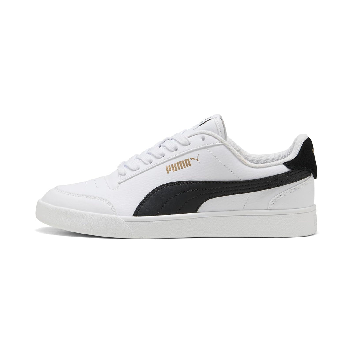 Puma Shuffle Tenis Casuales Unisex - 22.5 cm - Blanco con la franja negra y detalles en dorado