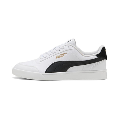 Puma Shuffle Tenis Casuales Unisex - 22.5 cm - Blanco con la franja negra y detalles en dorado
