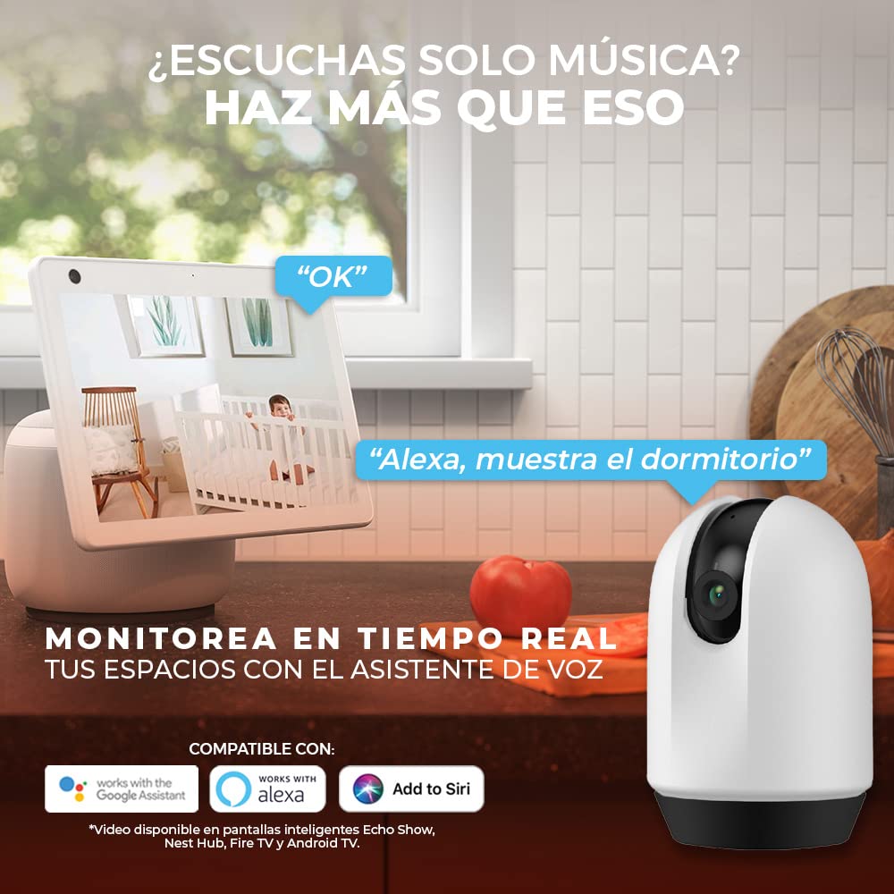 Tecnolite Connect - Cámara de Monitoreo 360° Inteligente WiFi Interiores, Altavoz y Micrófono, Visión Nocturna, Cámara fullHD Compatible con Alexa, Google Assistant, Atajos de Siri y App móvil