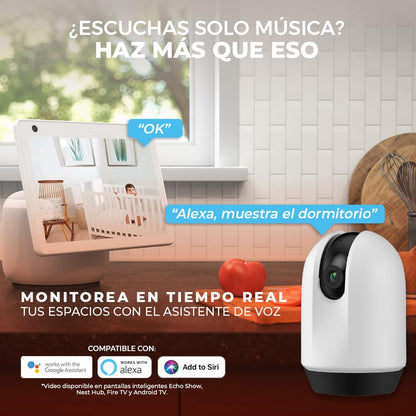 Tecnolite Connect - Cámara de Monitoreo 360° Inteligente WiFi Interiores, Altavoz y Micrófono, Visión Nocturna, Cámara fullHD Compatible con Alexa, Google Assistant, Atajos de Siri y App móvil