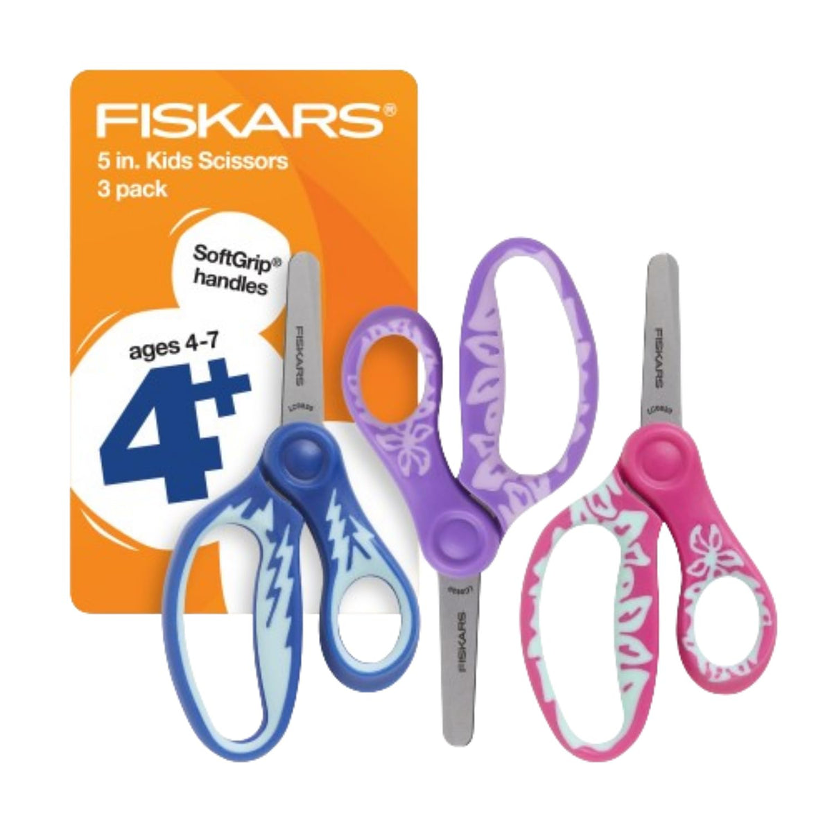 Fiskars - Tijeras de punta roma SoftGrip de 5 pulgadas para niños de 4 a 7 años (paquete de 3), tijeras para la escuela o manualidades, suministros para el regreso a la escuela, diseños azules,