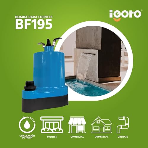 Igoto BF195 Bomba Sumergible para Fuentes de Agua 1/6 HP 124W Bomba para Estanque y Cascada IP68 Caudal Máx 76 L/min Altura Máx 6 m Motor 127V