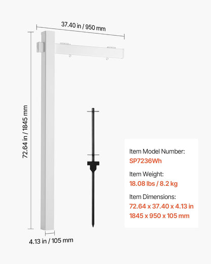 VEVOR Soporte de Carteles de Patio, Altura de 1845 mm, Poste de Letrero de PVC, Brazo de 915 mm, Compatible con Carteles de hasta 610 mm, con Estaca de Acero, Para Inmobiliario Venta Alquiler, Blanco