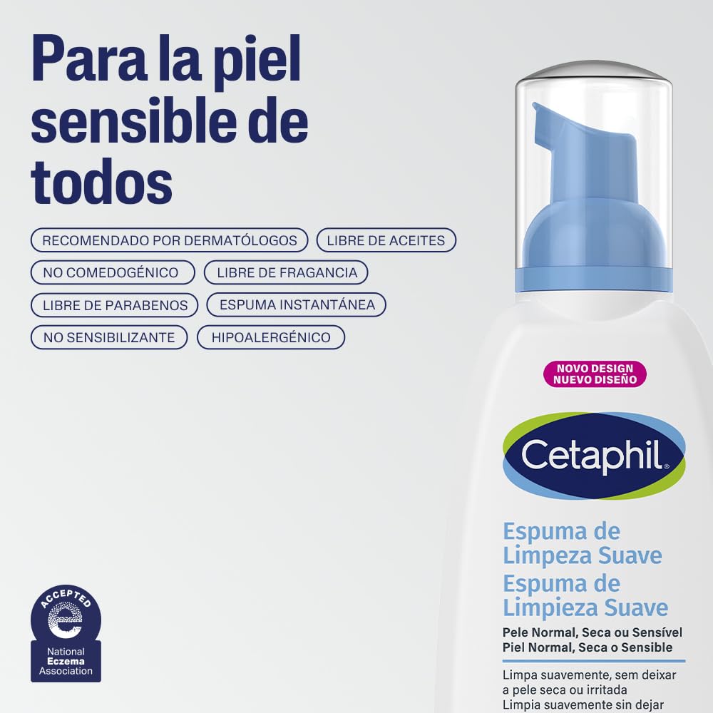 Cetaphil Espuma de Limpieza Facial Suave Glicerina Piel Sensible 236 ml | Autoespumante que elimina suciedad, grasa y maquillaje sin resecar, con glicerina, vitamina B5 y E para calmar piel sensible.