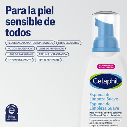 Cetaphil Espuma de Limpieza Facial Suave Glicerina Piel Sensible 236 ml | Autoespumante que elimina suciedad, grasa y maquillaje sin resecar, con glicerina, vitamina B5 y E para calmar piel sensible.