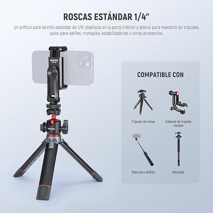NEEWER Soporte de Trípode para Teléfono con Rosca 1/4" y Zapata Fría, 2.36"-3.54"/6-9cm 360° Giratorio Cámara Abrazadera Teléfono para iPhone 15 14 13 12 11 Pro MAX X XR Samsung S24 Ultra, SP-10