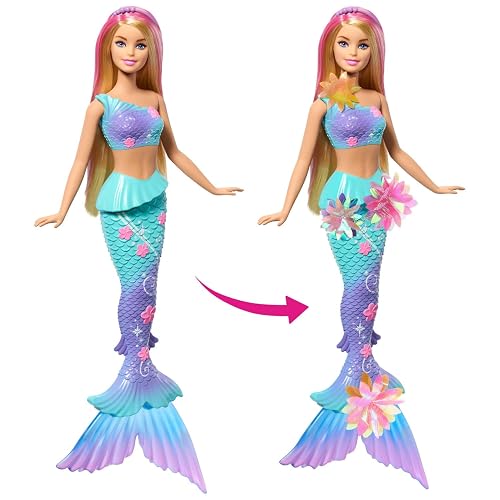 Barbie Fantasía Muñeca Sirena con Transformación de Flores y Cabello Rosa, Juguete para Niñas de 3 Años en Adelante