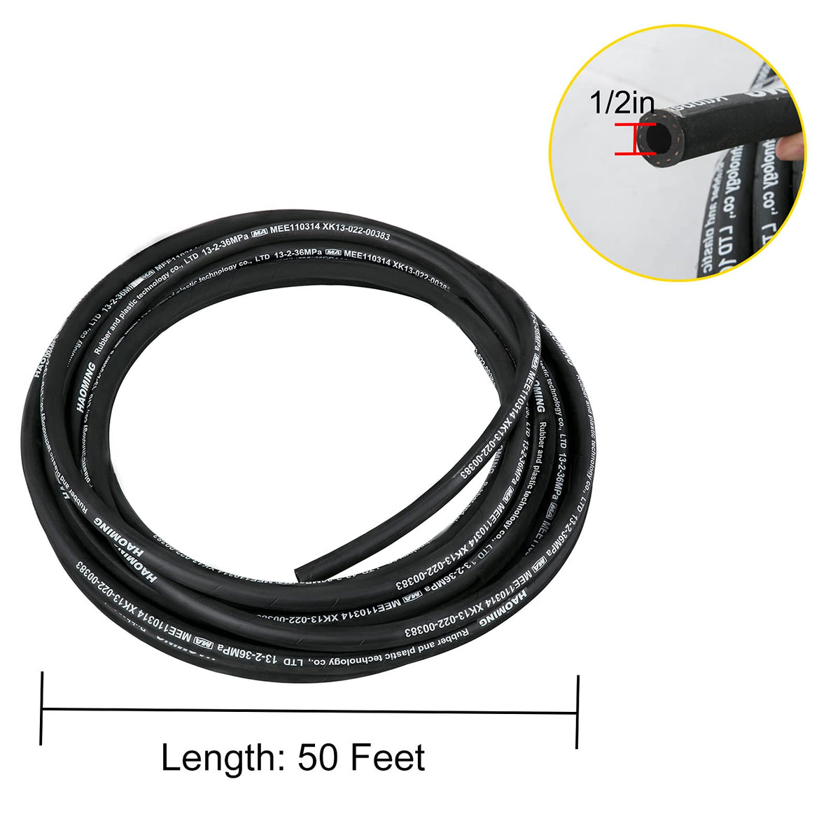VEVOR - Manguera hidráulica de goma de 50 pies con 2 trenzas de alambre de acero de alta resistencia, diámetro interior de 1/2 pulgadas, 5000 PSI máximo, manguera hidráulica a granel de -40 °C a 250