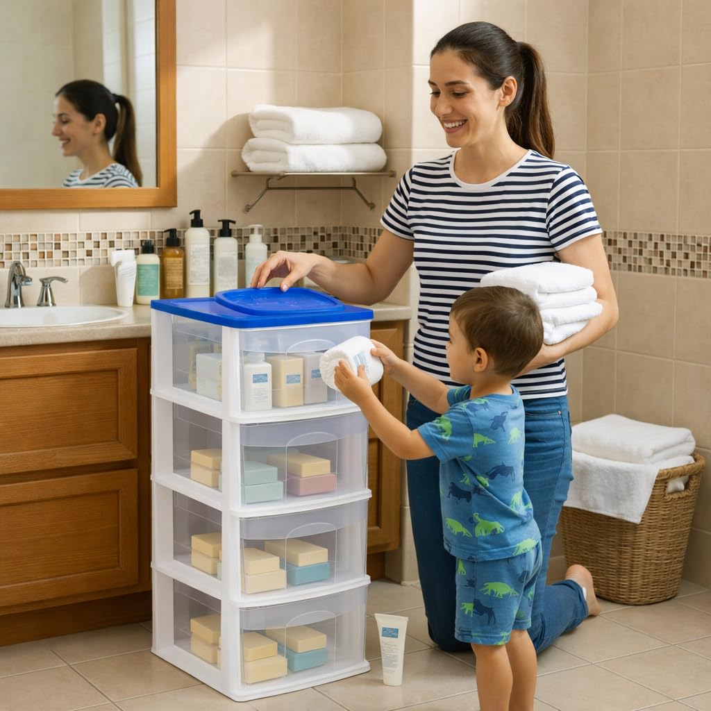 Italhome Cajonera FOX 4 de Plástico 4 Cajones Transparentes, Organizador Multiusos para Hogar y Oficina, Mueble Ligero Resistente, Fácil Limpieza, Color Azul