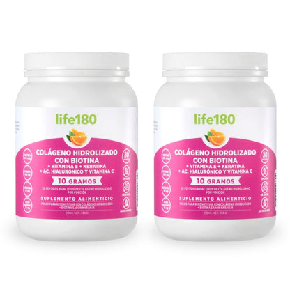 Life180 Dúo Colágeno Hidrolizado Biotina y Vitamina E Sabor Naranja Pack de 2