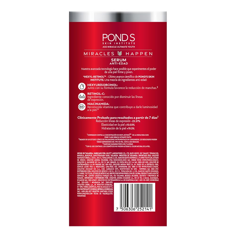 POND'S Sérum Facial Age Miracle Ultimate Youth con Hexyl-Retinol para una piel más firme, luminosa y joven, disminuye las líneas de expresión y las manchas 30 ml