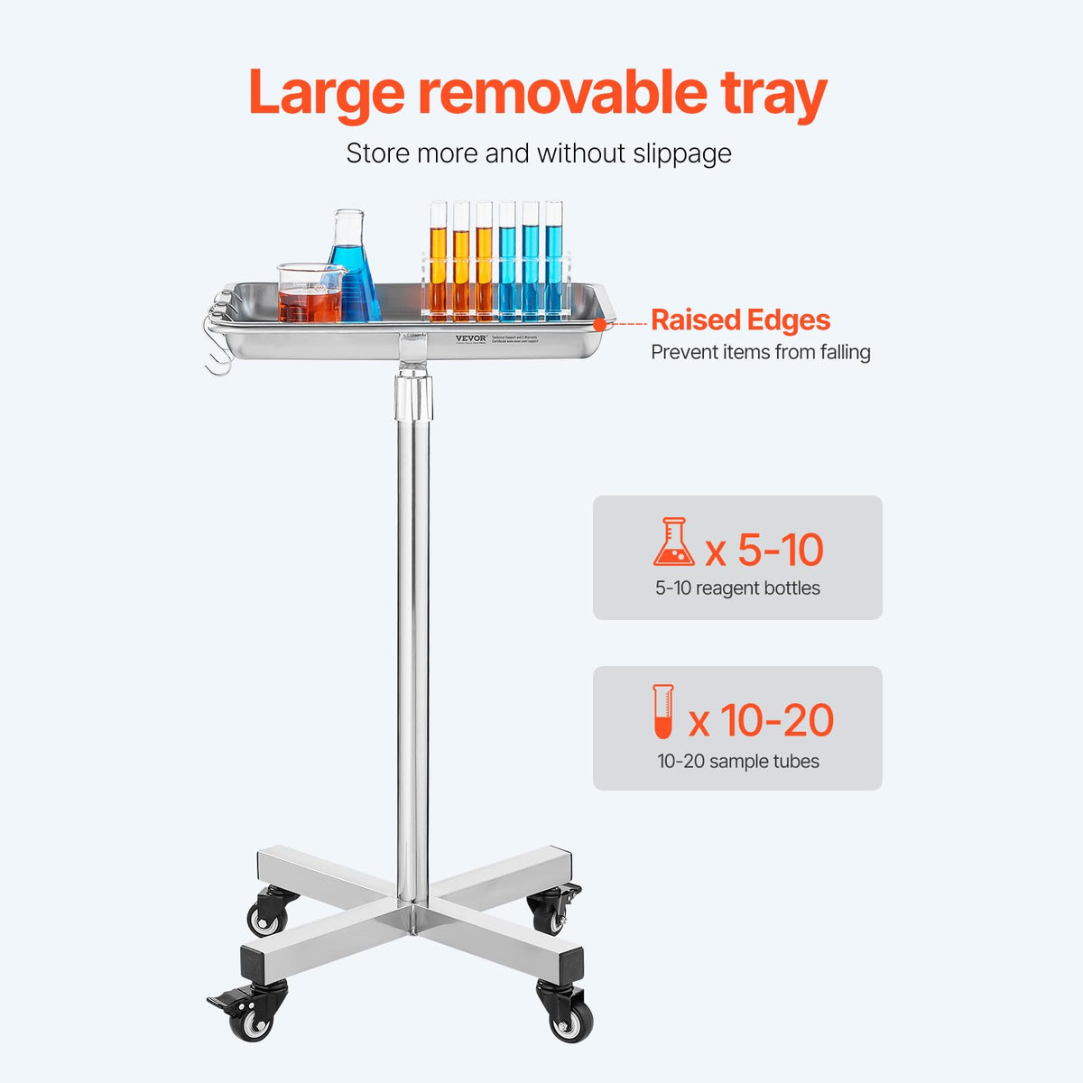 VEVOR Carro de Laboratorio de Acero Inoxidable Carga de 16 kg Asistente Silencioso Altura Ajustable 84-132,5 cm Bandeja Médica Extraíble para Almacenamiento de Equipos, Clínica, Salón de Belleza