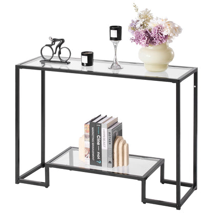 VEVOR Mesa Consola de Vidrio con Patas de Hierro - 2-Tier - Black