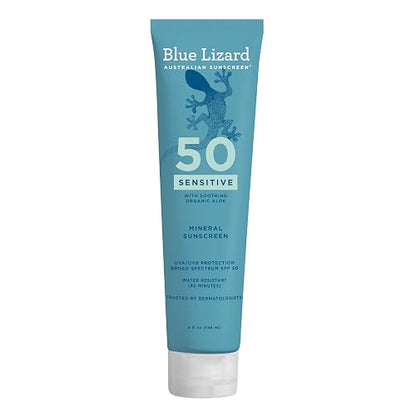 BLUE LIZARD Sensitive Mineral Sunscreen with Zinc Oxide 50+ Water Resistant UVAUVB Protection with Smart Cap Technology Fragrance Free , Sensitve, SPF 50 - - Tube, Unscented, 5 Fl Oz