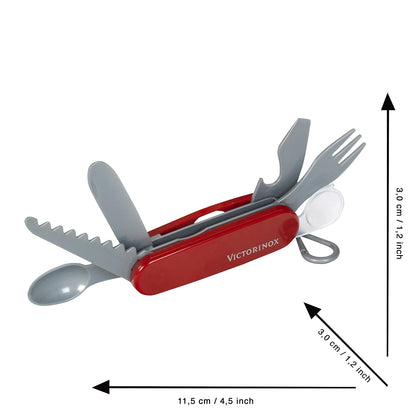 Victorinox Navaja de Bolsillo de Juguete, 8 Usos, Rojo, Navajas de juguete | Cuchillo de bolsillo de plástico para niños con sierra, cuchillo, tenedor y cuchara. Entrenamiento de habilidades motoras sin
