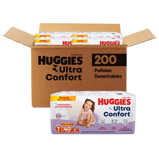 Huggies UltraConfort Pañal Desechable para Bebé, Etapa 7, Niña, Caja con 200 Piezas, Ideal para Bebés de 16 Kg