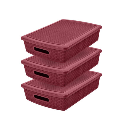 Guateplast Cestas Plásticas Rectangulares Vino 37x29x9 cm | Set de 3, con tapa, estilo ratán, apilables, organización para clósets, oficina