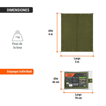 Truper Expert LT-56X, Lona uso rudo, verde olivo, 5 X 6 m, Paquete con 1 pieza