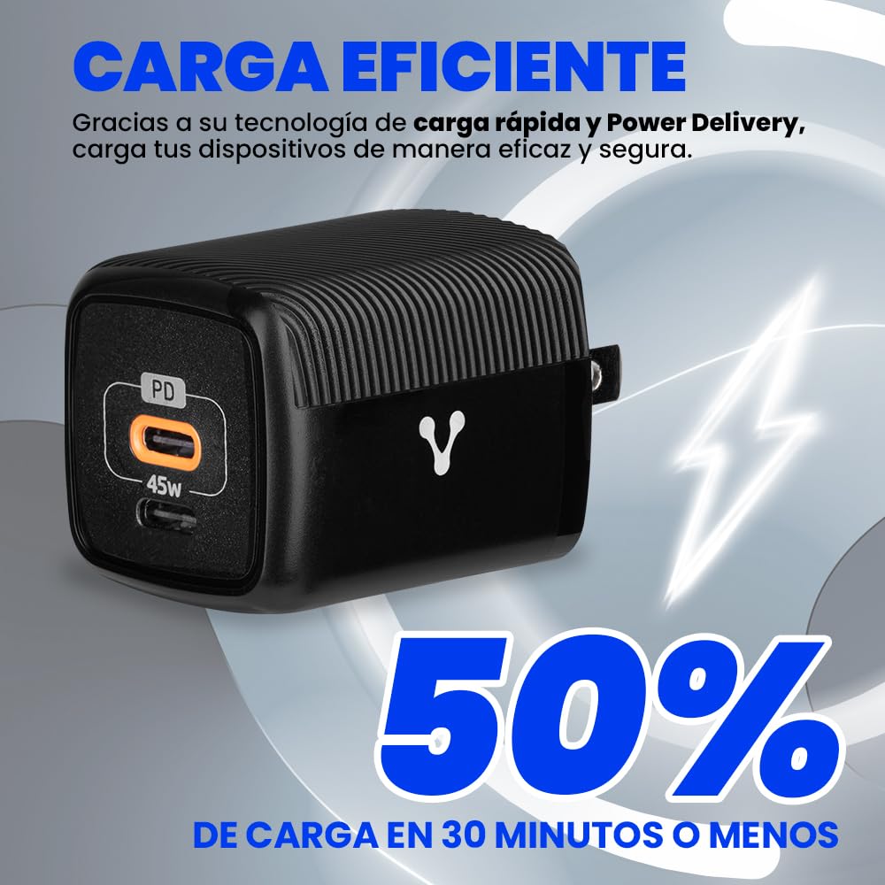 Vorago Cargador de Pared USB-C 45W GAN PD 2 Puertos Carga Rápida AU-402-BK Compacto