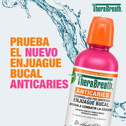 TheraBreath Enjuague Bucal sin Alcohol Anticaries Menta Reluciente, 473 ml. | Ayuda a Combatir la Caries, Fortalece el Esmalte Dental y Refresca el Aliento. Sin Ardor ni Colorantes Artificiales